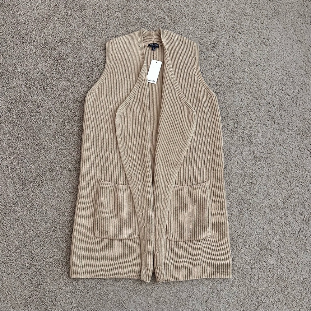 Splendid Juliet Sweater Open Front Sleeveless Knit Long Cardigan Vest Tan XS